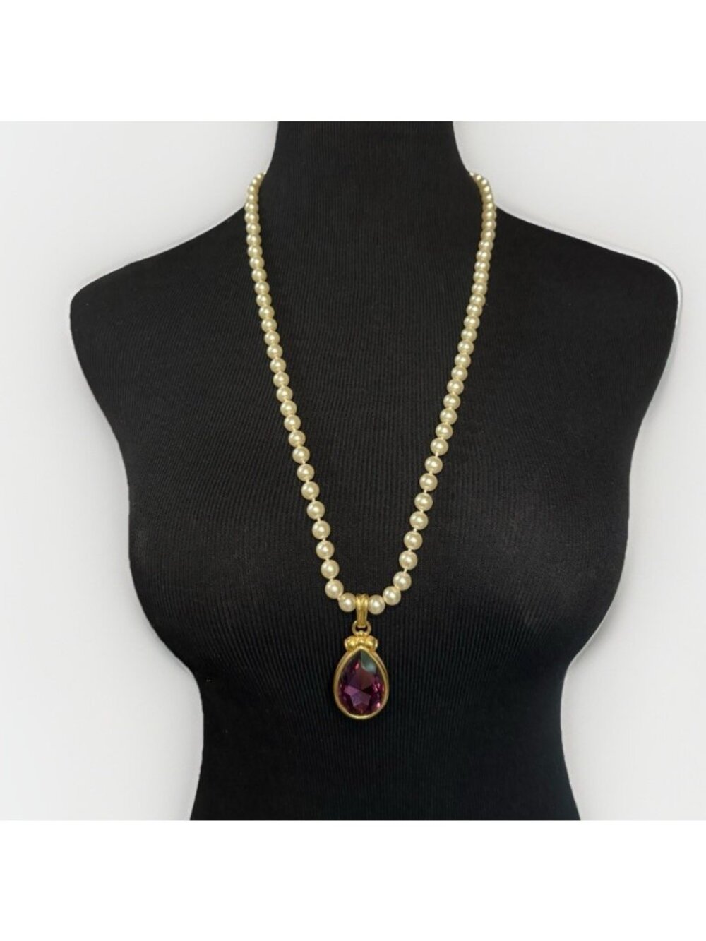 Vintage Swarovski Knotted Pearl Teardrop Ruby Crystal Pendant Gold Long Necklace